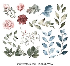 Set of watercolor flowers leaves and twigs on a white background