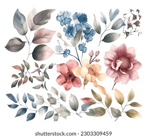 Set of watercolor flowers leaves and twigs on a white background