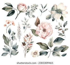 Set of watercolor flowers leaves and twigs on a white background