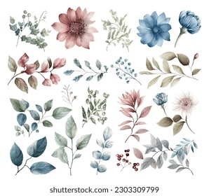 Set of watercolor flowers leaves and twigs on a white background