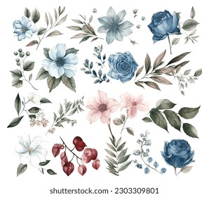 Set of watercolor flowers leaves and twigs on a white background