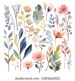 Set of watercolor flowers leaves and twigs on a white background