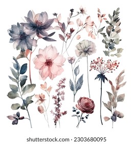 Set of watercolor flowers leaves and twigs on a white background