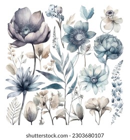 Set of watercolor flowers leaves and twigs on a white background