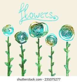 Set of watercolor flowers with white outlines