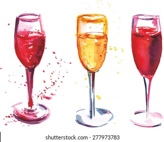 A set of watercolor flute glasses with rose and white sparkling wine, scalable vector graphic