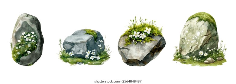 A set of watercolor forest paintings of stones covered with green moss with flowers png. Forest gray watercolor stones on a transparent background.