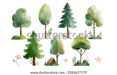 Set of watercolor forest trees, grass and branches. Wild woodland. Watercolor nature elements. Pine, oak, maple