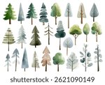Set of watercolor forest trees. Pine, spruce, oak. Watercolor woodland. Hand drawn snowy trees. Fairy nordic nature.