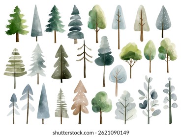 Set of watercolor forest trees. Pine, spruce, oak. Watercolor woodland. Hand drawn snowy trees. Fairy nordic nature.