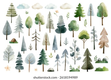 Set of watercolor forest trees, plants and clouds. Watercolor woodland. Snowy trees. Fairy nordic nature.