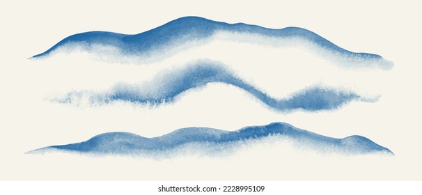 Set of watercolor forms, waves, strokes, abstract shapes. Blue watercolor textures.