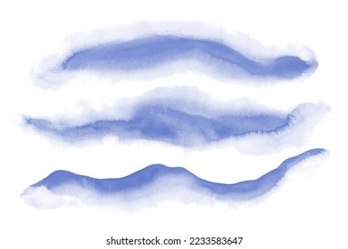 Set of watercolor forms, waves, strokes, abstract shapes. Blue watercolor textures.