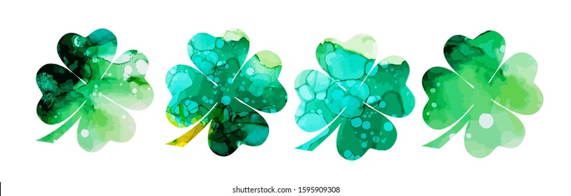 Set of watercolor four-leaf clovers. Happy St. Patrick's Day. mixed media. Vector illustration