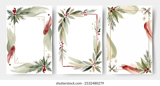 Set of watercolor frames with fir branches, berries and blank place. Christmas cards. Winter backgrounds