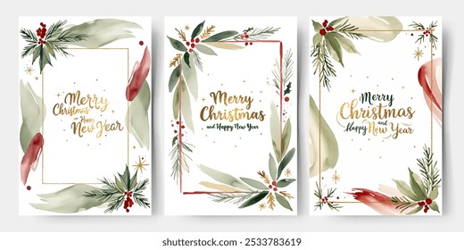 Set of watercolor frames with fir branches, berries and golden lettering. Christmas cards. Winter backgrounds