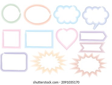 Set of watercolor frames.Crayon drawing speech bubbles.Collection of banner and labels.Pastel color stickers for decorating.Vector illustration.Sign, symbol, icon or logo.