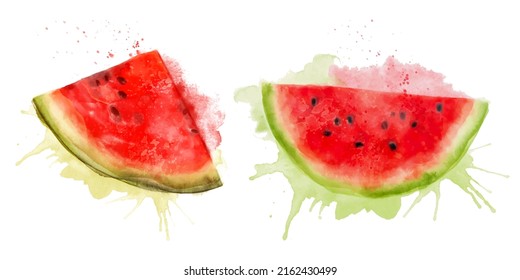 Set of watercolor fresh summer illustrations of watermelon. Isolated illustrations on a white background, for postcards, patterns, and textiles.