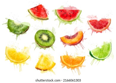 Set of watercolor fresh summer illustrations of kiwi, watermelon, peach, lemon, pineapple, orange, lime and grapefruit. Isolated illustrations on a white background, for postcards, patterns, and text