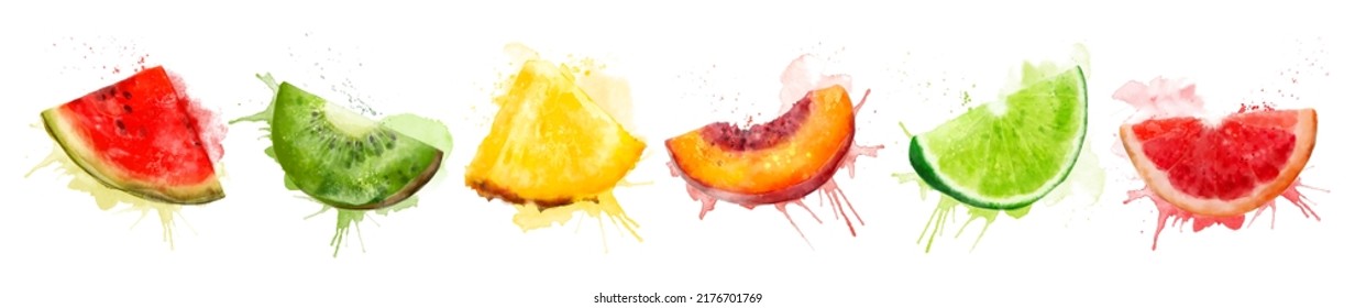 Set of watercolor fresh summer illustrations of kiwi, watermelon, peach, pineapple, lime and grapefruit. Isolated illustrations on a white background, for postcards, patterns, and text