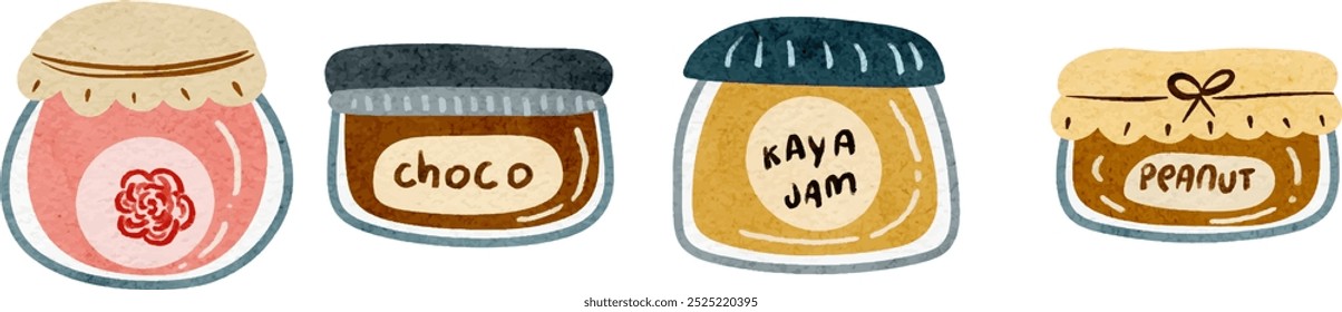 Set of Watercolor Fruit Jam. Orange Marmalade. Chocolate Spread. Peanut Butter.