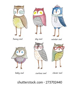 Set of watercolor funny owls