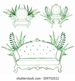 Set of watercolor furniture. Sofa and chair in grass. Vector watercolor illustration. Elements for design furniture advertisement, banners, brochures.