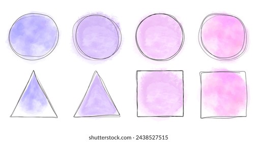 Set of Watercolor Geometric Shapes of Circle, Rectangle and Triangle