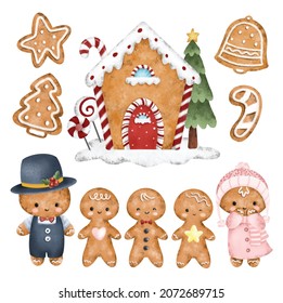 Set of watercolor gingerbread and Christmas cookies 