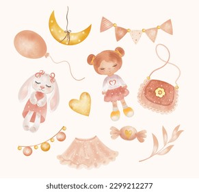 
Set watercolor for girls toy items, vintage children's toys watercolor. Isolate, clipart. Vector image.