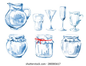Set of watercolor glass. Vector background. Wine. Crockery for drink.