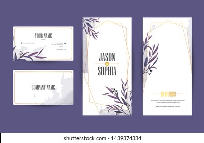Set of watercolor gold and purple foliage business card and banner layout, wedding invitation, cover, flyer template