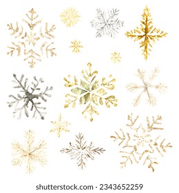 Set watercolor gold silver snowflakes. Clipart elements isolated on white background.