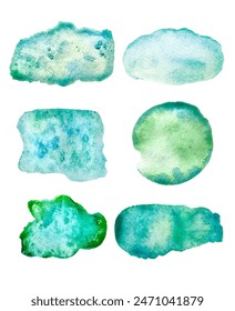 Set of watercolor green brush spots and strokes collection, stains cut out from background, vector