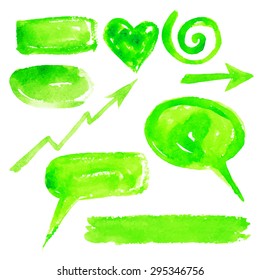 Set of watercolor green hand-drawn design elements, vector Illustration