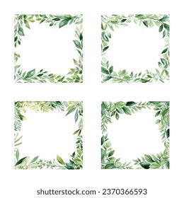 Set of watercolor green leaf frames with copy space, Frame for postcards, wedding invitations, save the date or greeting cards