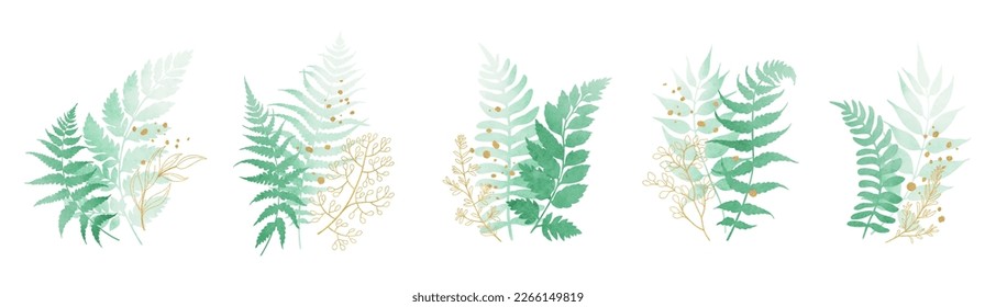 Set of watercolor green leaves elements isolated on white background. Foliage collection of  branch, fern leaves with gold splashes and line art. Botanical art design. Vector illustration.