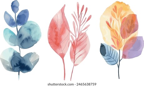 Set of watercolor green leaves elements. Collection botanical vector isolated on white background suitable for Wedding Invitation, save the date, thank you, or greeting card.
