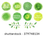 Set of watercolor green logo. Leaves, badges, branches wreath, plants elements. Hand drawn painting. Sign label,textured emblem set. Organic design template.