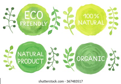 Set of watercolor green logo. Leaves, badges, branches wreath, plants elements. Hand drawn painting. Sign label,textured emblem. Organic design template.