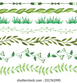 Set Of Watercolor  Green  Seamless Border Floral Set. Hand Painted Branches,leaves,grass,petal Decor Elements.Watercolor Brushes. Nature,organic Items.Vector