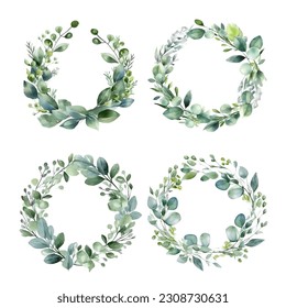 Set of watercolor green wreaths