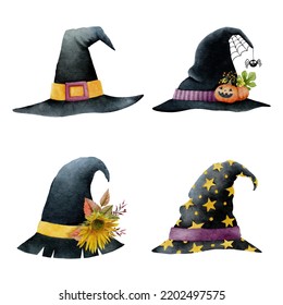 Set of watercolor Halloween black witch Hats set 1. Vector illustration.