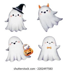 Set Of Watercolor Halloween Ghost Set 1. Vector Illustration.