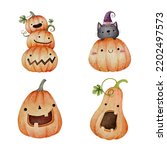 Set of watercolor Halloween pumpkins set 2. Vector illustration.