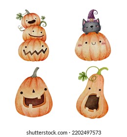Set watercolor Halloween pumpkins set 2  Vector illustration 