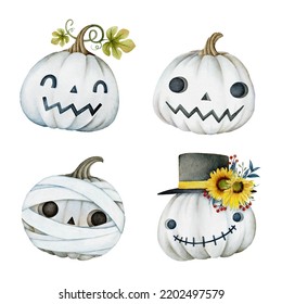 Set watercolor Halloween pumpkins set 3  Vector illustration 