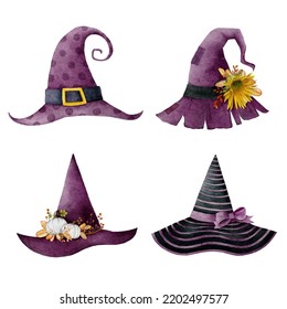 Set of watercolor Halloween purple witch Hats set 2. Vector illustration.