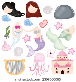 Set watercolor  hand drawing disassemble cartoon mermaid   other elements