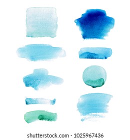 Set of watercolor hand drawn brush strokes in blue and green colors on white background in vector. Abstract stains and blobs collection for buttons, banners and backgrounds.